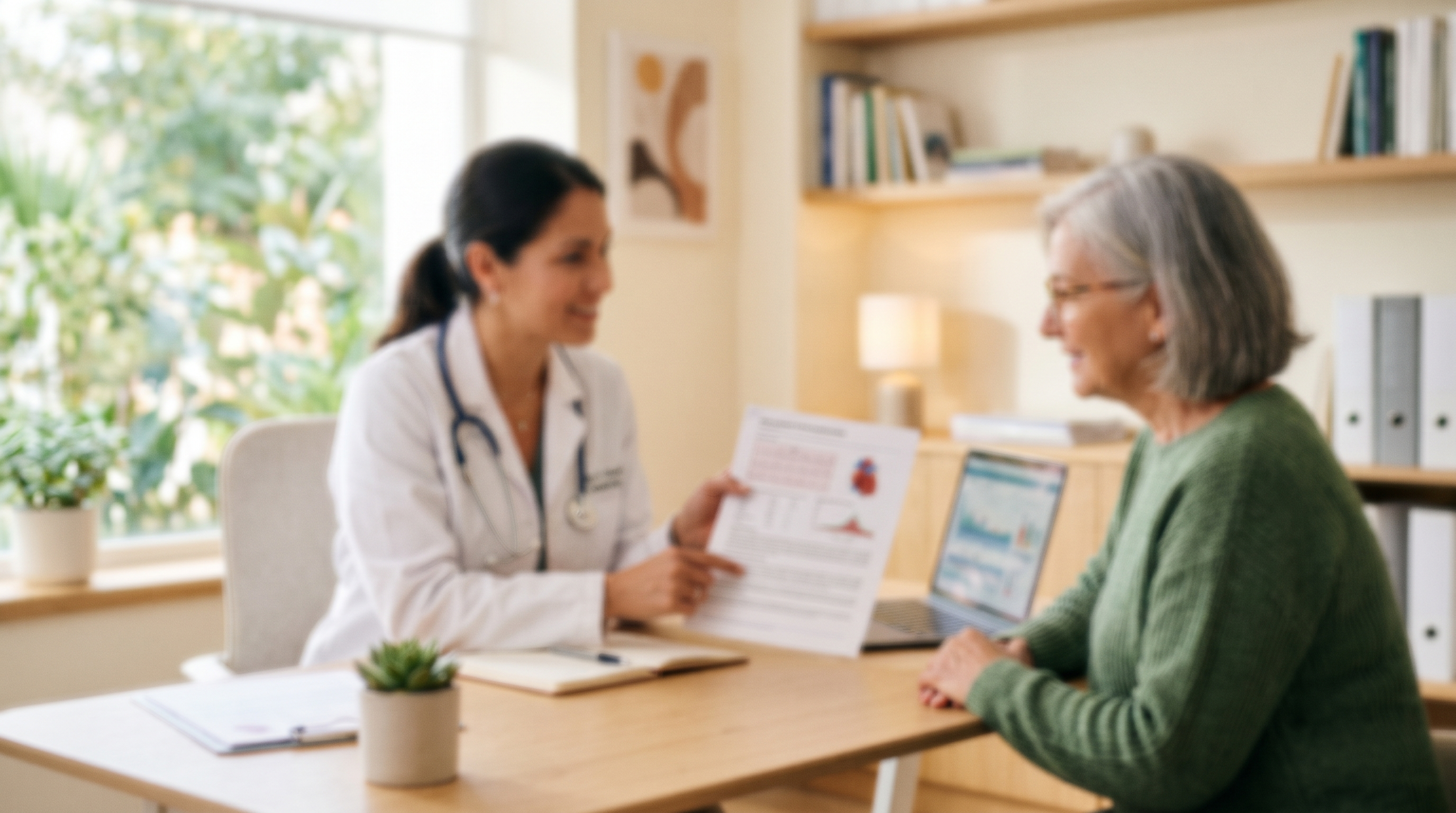 Mujer en consulta médica revisando con su cardiólogo los resultados de una valoración cardiovascular