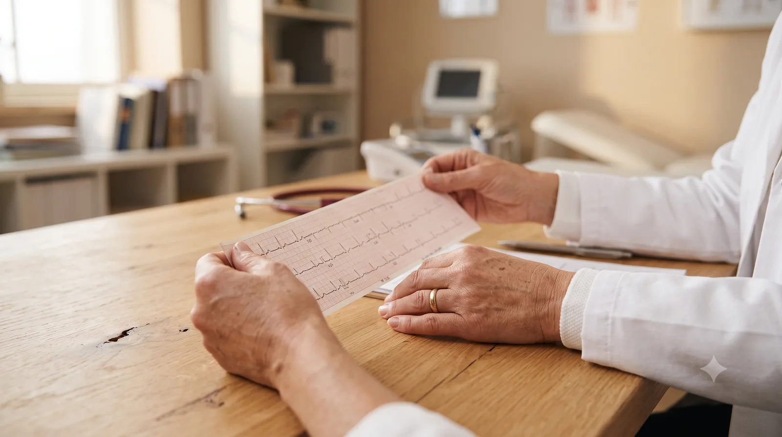 Tira de electrocardiograma en manos de un cardiólogo, representación de la fibrilación auricular
