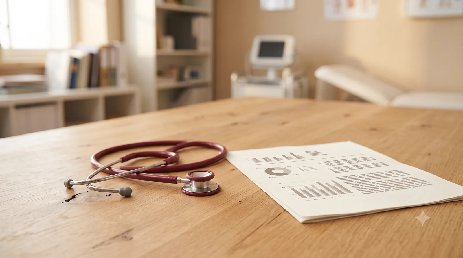 Fonendoscopio sobre mesa de consulta junto a un informe médico